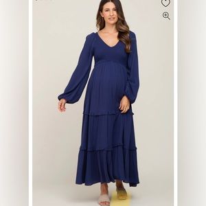 PinkBlush Maternity Navy Blue Smocked Tiered Maternity Midi Dress